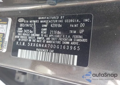 2013 Kia Optima Ex z USA, uszkodzony, nr VIN 5XXGN4A70DG163965